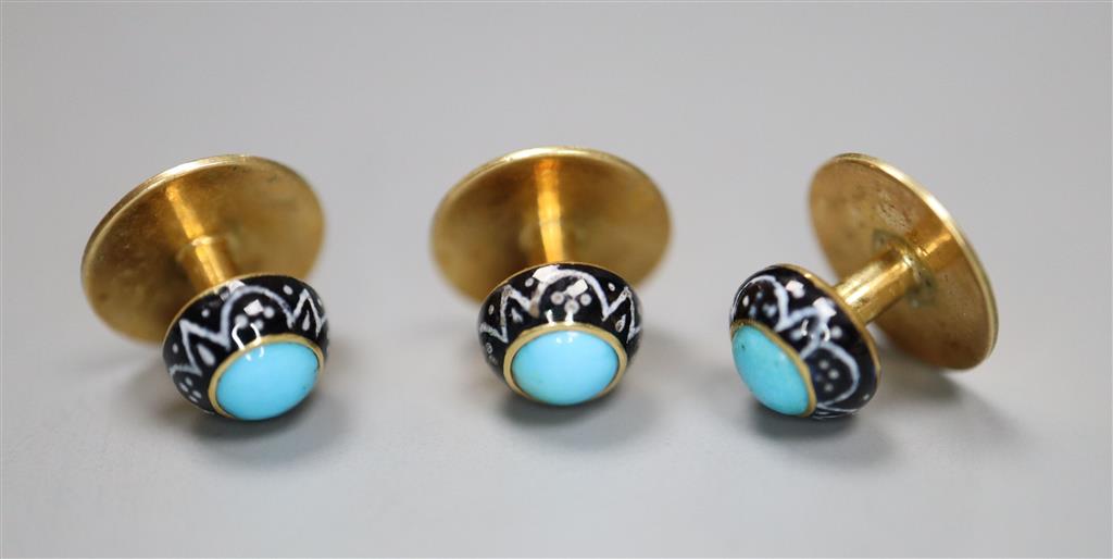 A set of three yellow metal, turquoise and enamel dress studs,